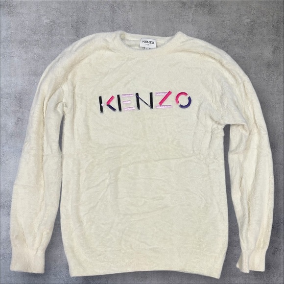 Kenzo Kids‎ Faux Fur Logo Sweater 14Y Fits Women XS Off White K15592 - Picture 2 of 7